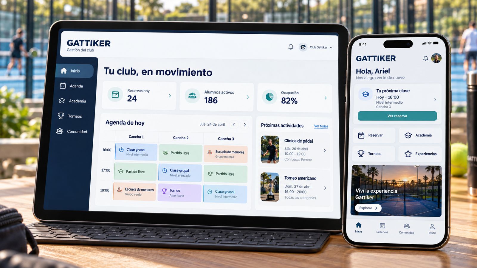 Panel de gestión del club en tablet y aplicación del jugador en teléfono